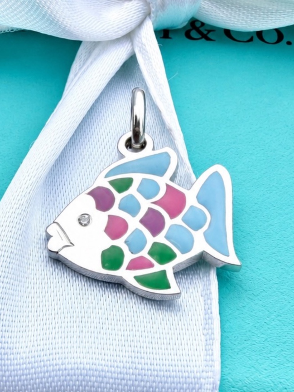 RARE Tiffany & Co. 18k WG Enamel Fish with Diamond Charm Pendant